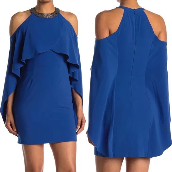 NWT HALSTON Royal Blue Beaded Collared Cold Shoulder Sleeve Draped Mini Dress - Picture 13 of 13